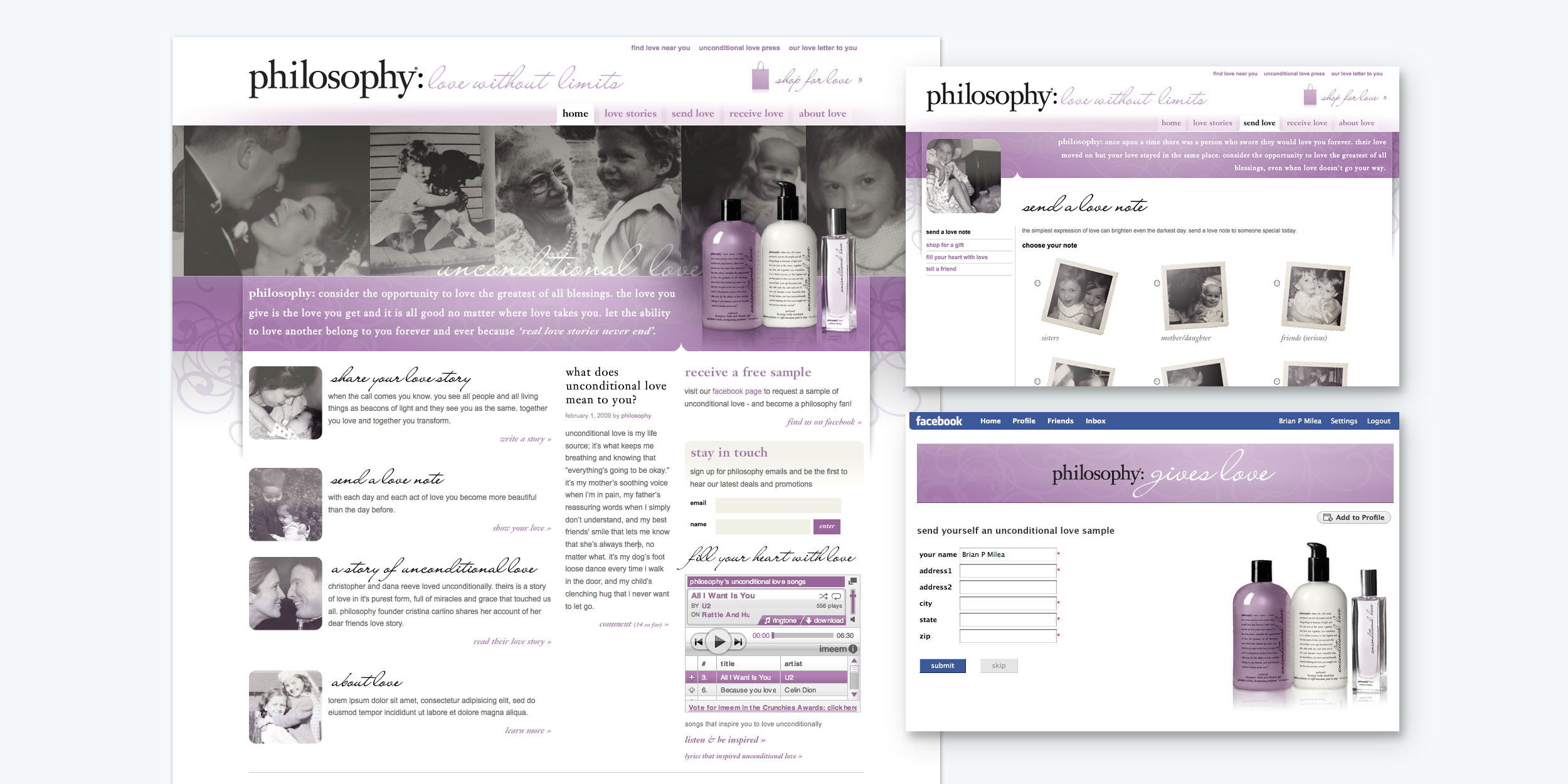 Website layout with purple and white color scheme showing multiple pages with content sections.