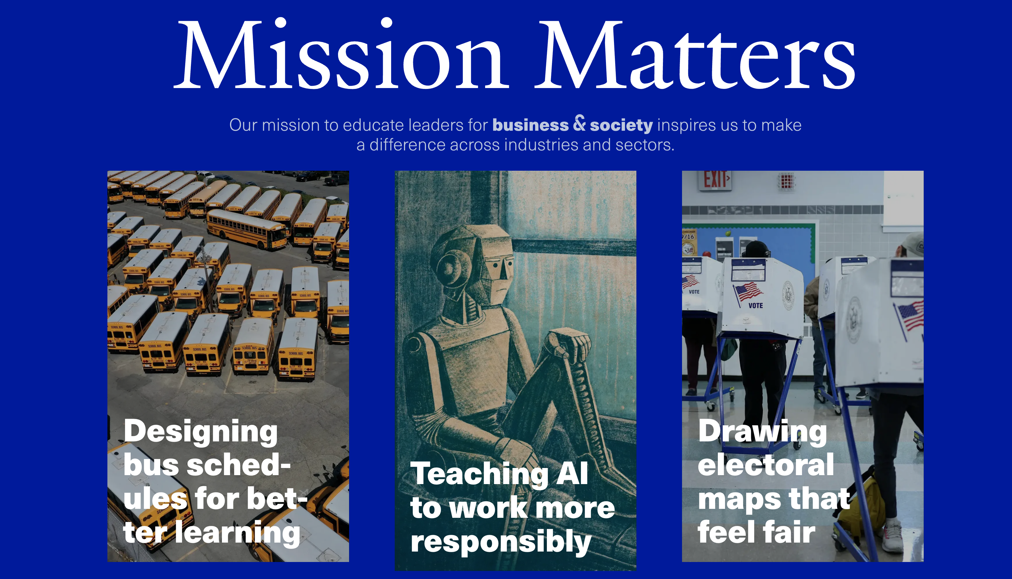 "Mission Matters" publication showing three photo panels with article titles about legal work and advocacy.