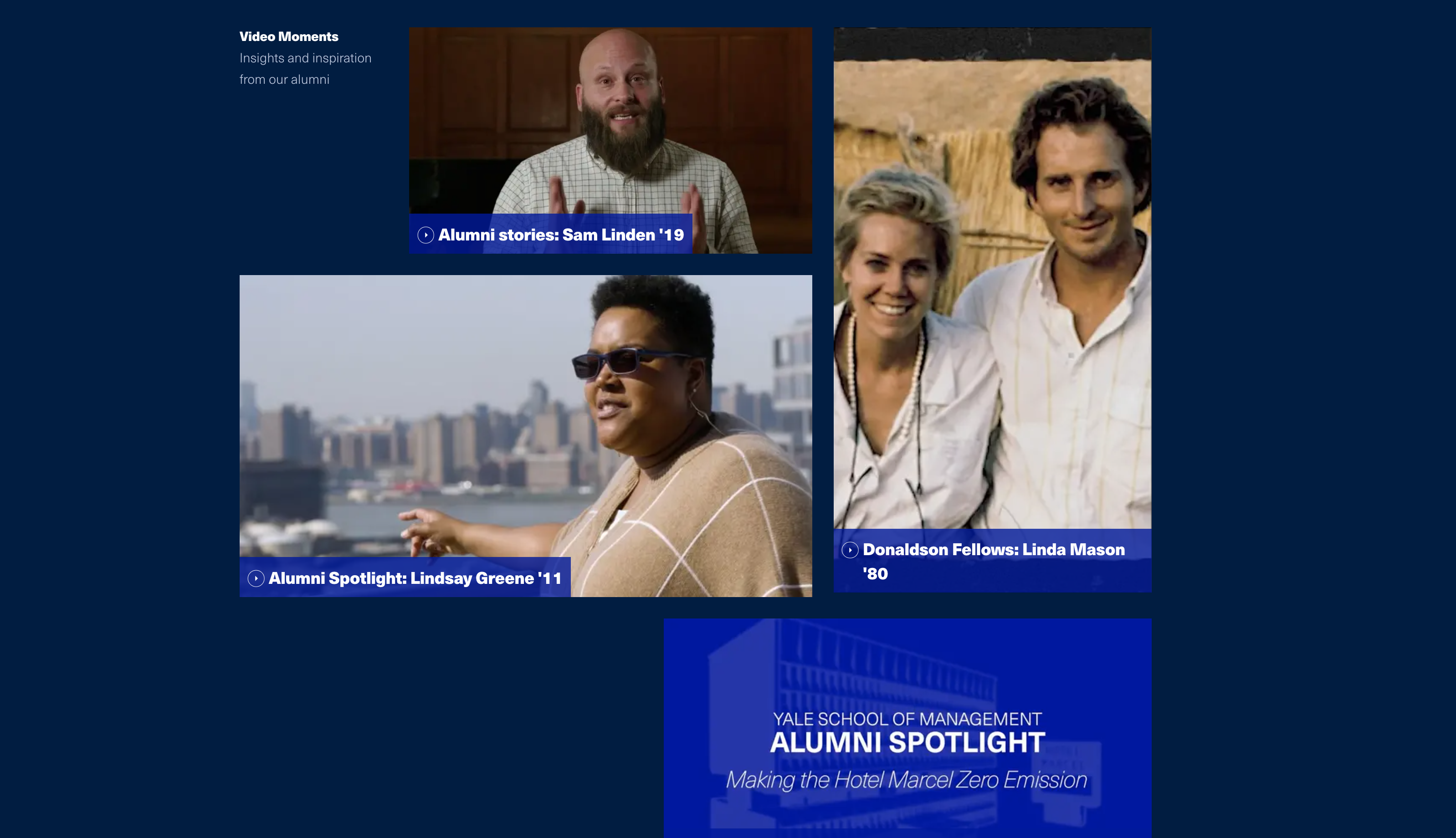 Collage of four portraits against a dark blue background with city skyline view.