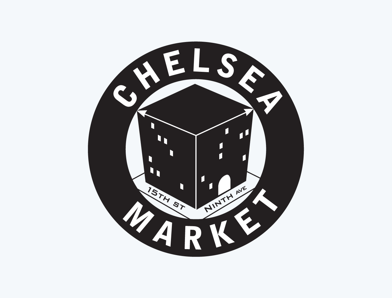 Chelsea Market logo featuring a black and white circular design with a dice cube in the center.
