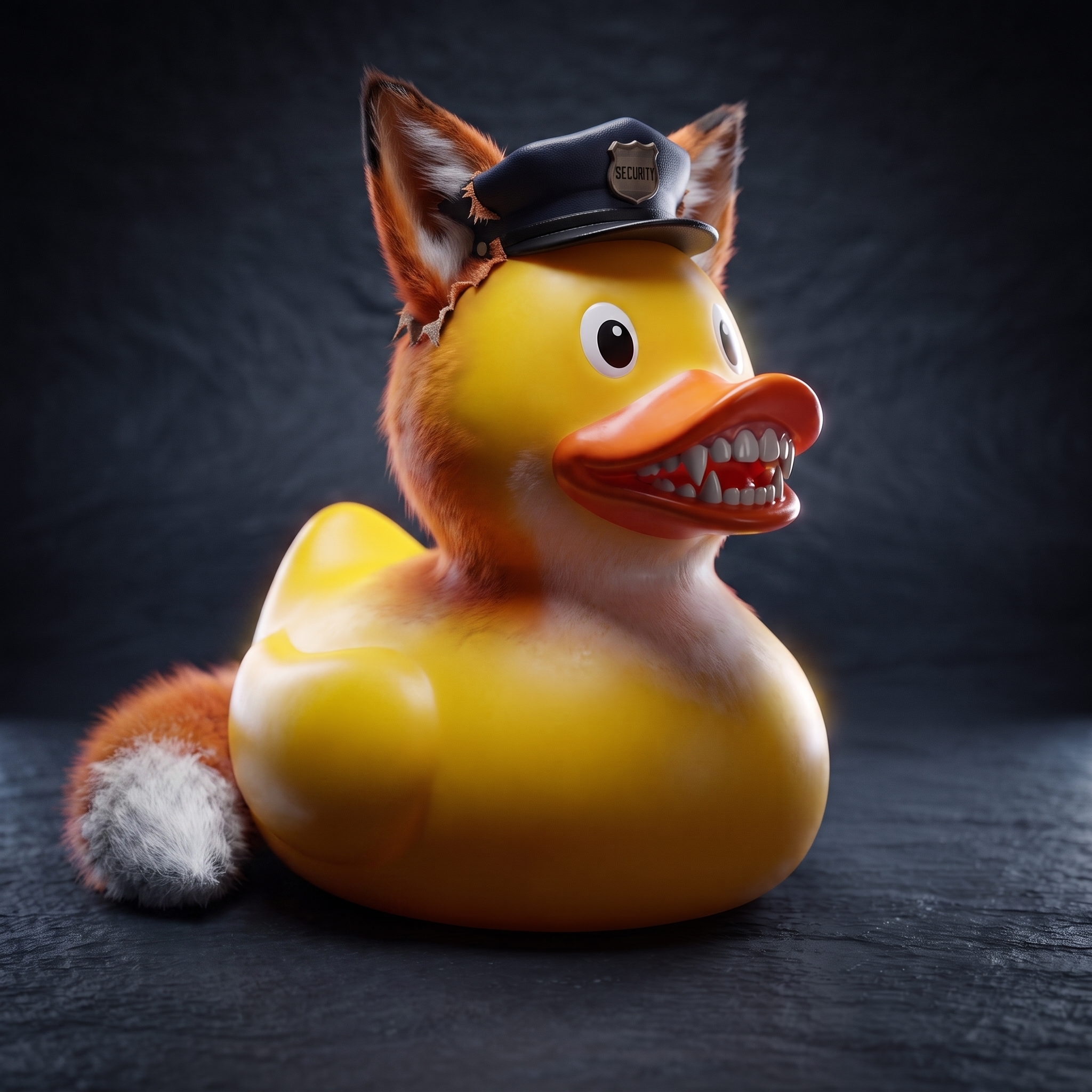 Yellow rubber duck with brown fox ears, tail, and teeth with an open-mouthed expression on dark background