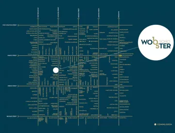 Street map showing the location of WOOSTER with surrounding roads in a dark blue background.
