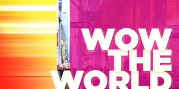 Colorful gradient background with "WOW THE WORLD" text in bold white letters