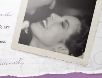 Vintage black and white photograph on decorative paper with purple text elements