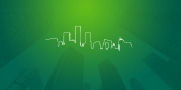 Thin white line cityscape silhouette on green gradient background.