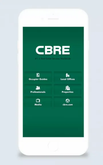 Mobile app interface showing CBRE logo on green background with navigation icons.