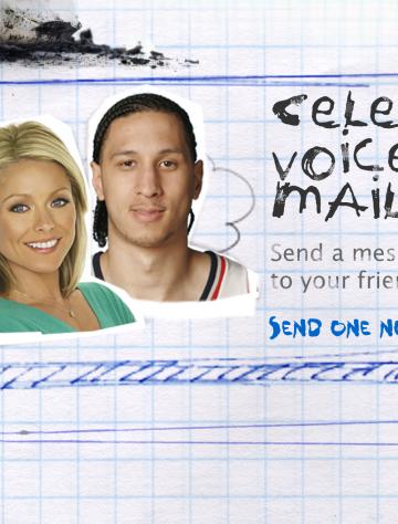 Two people smiling on a phone service advertisement with handwritten text