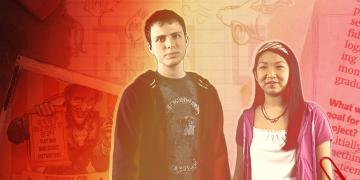 Two people standing together against a red gradient background.