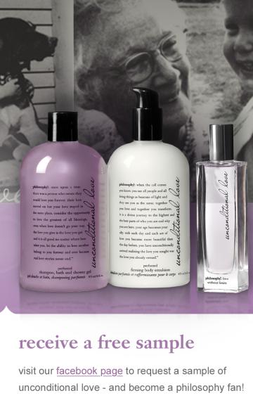 Purple and white Philosophy bath products with text about receiving a free sample.