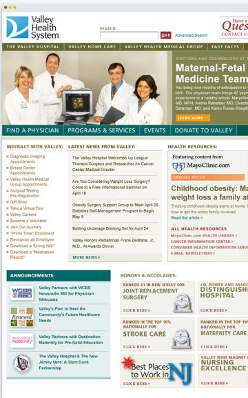 Healthcare professionals in white coats on a medical website homepage.