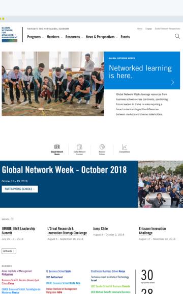 Group of people standing in an office setting on a school website homepage with upcoming events listed below.