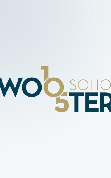 Logo for Wobster Soho with teal and gold lettering on a light background.