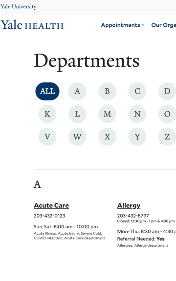 Academic departments directory with grid of letter icons organized alphabetically.